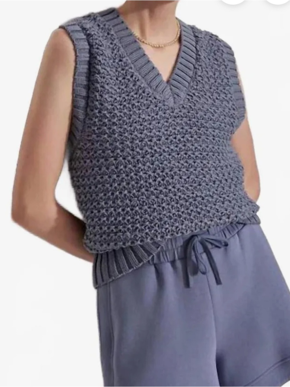 Chunky V‑Neck Cropped Knit Vest in Dusty Blue by Adie vest by Varley